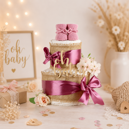 2-stöckige Windeltorte ALLES JUTE in Plum mit Pampers Windeln, gestrickten Babybooties und Jute-Dekoration
