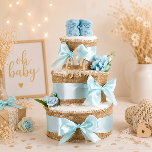 3-stöckige Windeltorte Alles Jute in Blue mit Pampers Premium Protection Windeln, gestrickten Babybooties und Jute-Deko