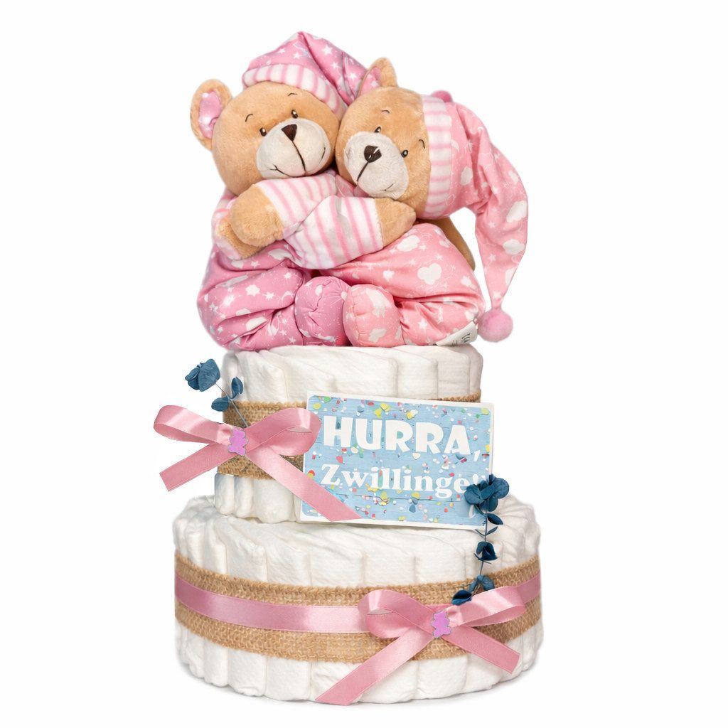 Two-tier pink diaper cake with two bedtime bears, burlap ribbons, bows and a “Hurray, twins” card