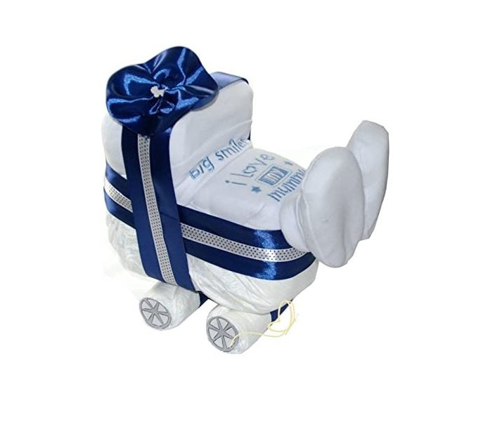 Windeltorte Kinderwagen + 3 tlg. Babyset blau