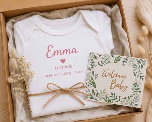 Personalised Emma baby bodysuit with pink birth details, bow and “Welcome Baby” card in a gift box.