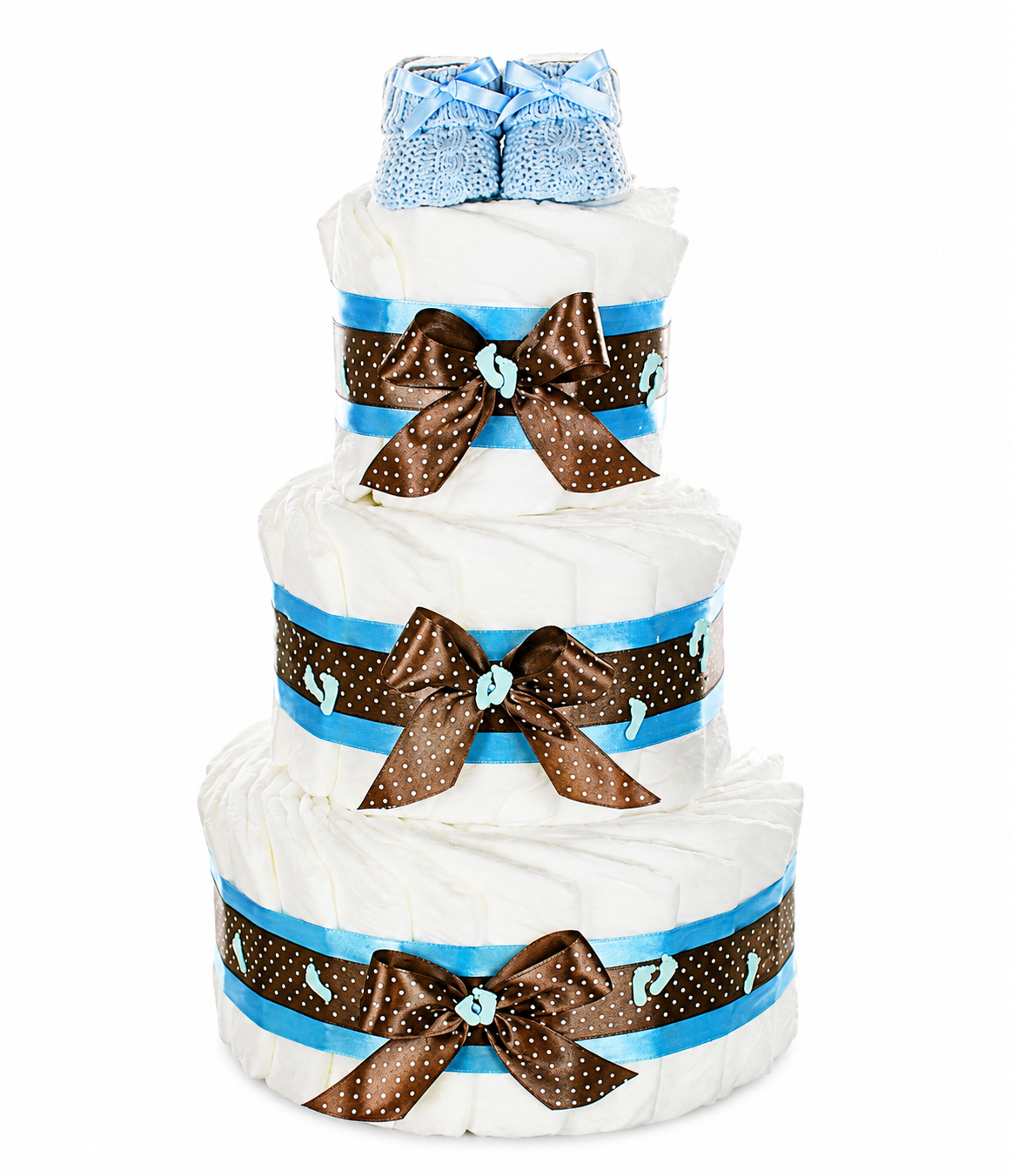 3-tier diaper cake with blue baby booties and brown bows featuring white dots and tiny footprints