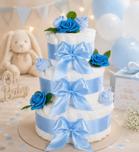Dreistöckige blaue Windeltorte mit Rosenblüten-Deko, handgefertigtes Geschenk zur Geburt eines Jungen