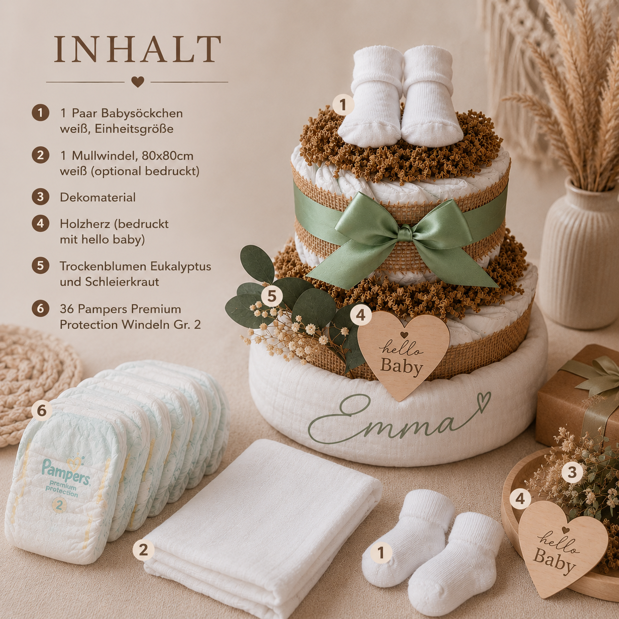 Boho Windeltorte mit Namen – personalisiertes Geschenk zur Geburt