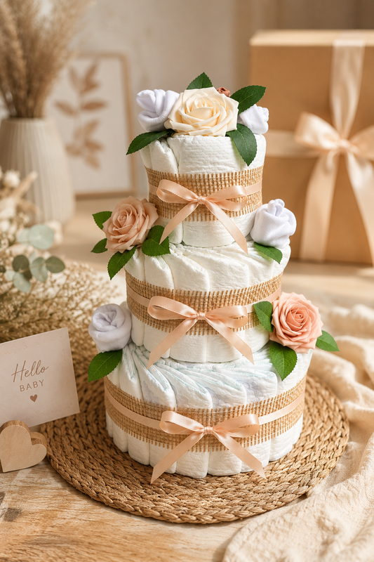 Große Windeltorte Rosenblüte | 3-stöckig neutral boho