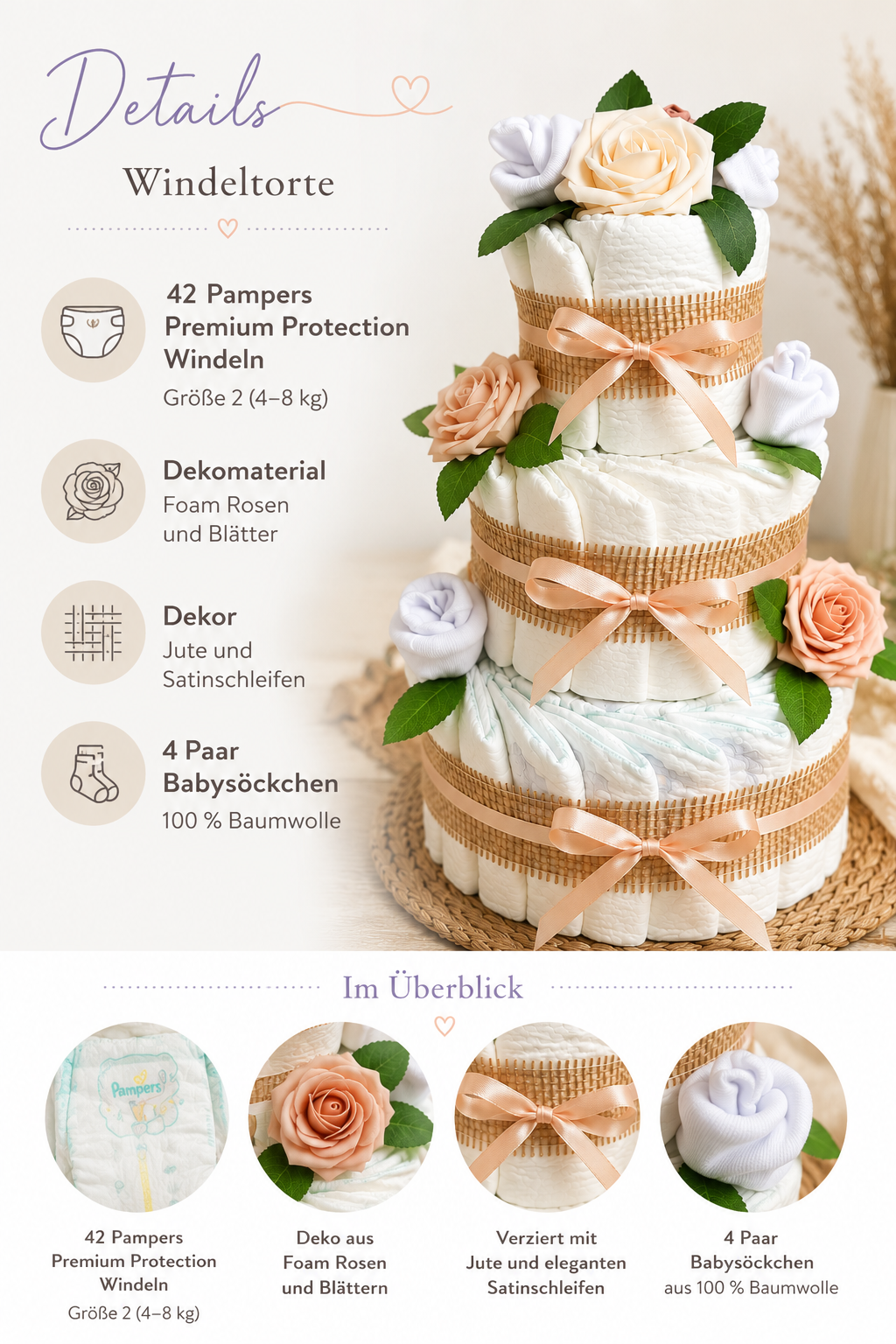 Große Windeltorte Rosenblüte | 3-stöckig neutral boho