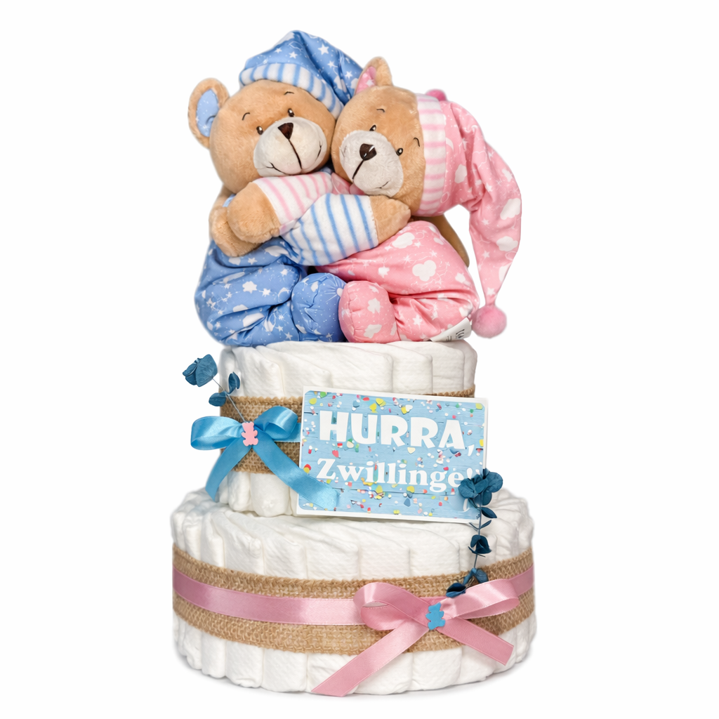 Twin diaper cake with a pink-and-blue bear pair, bows, burlap ribbon and card on a white background