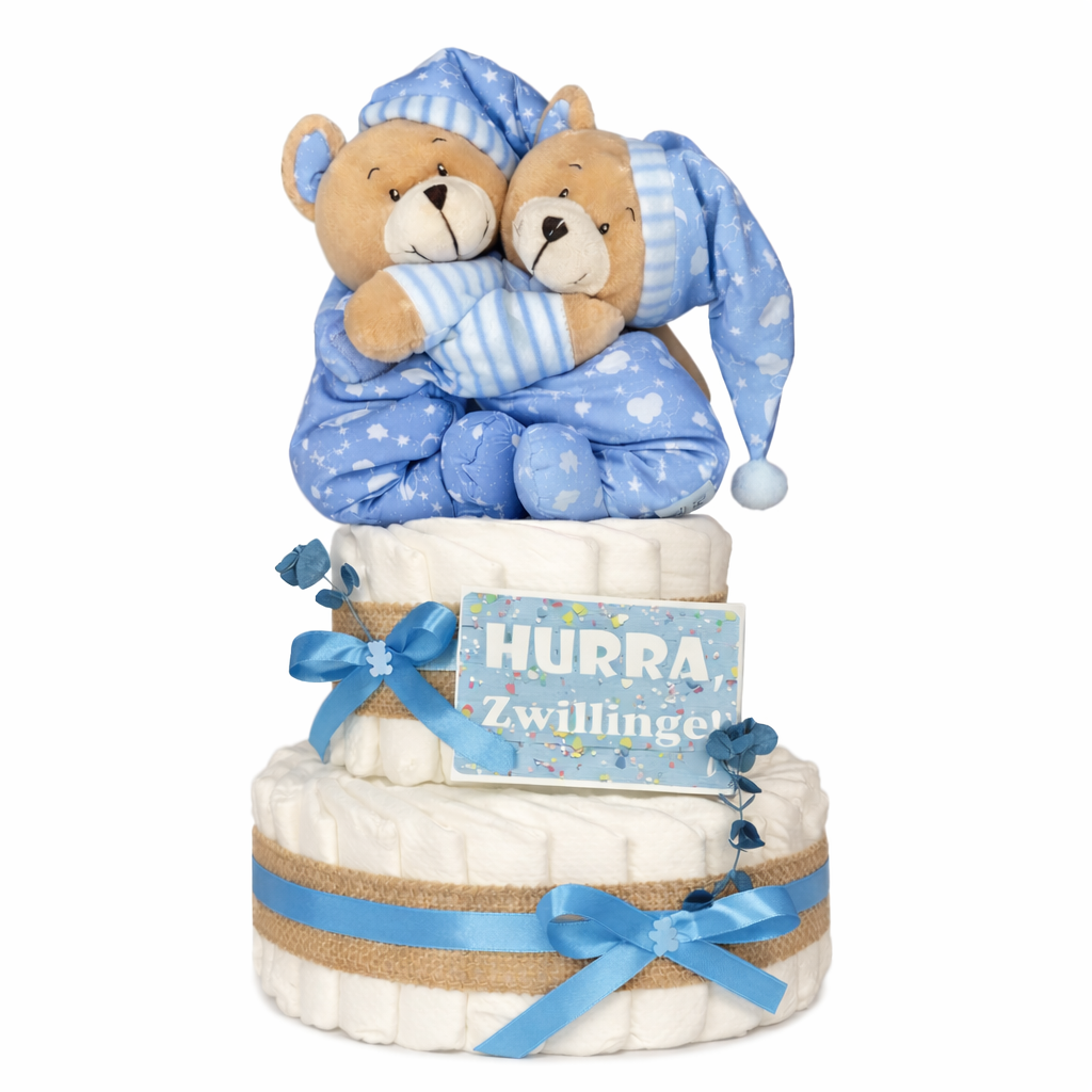 Two-tier blue twin diaper cake with two brother bears and a “Hurra Zwillinge” card