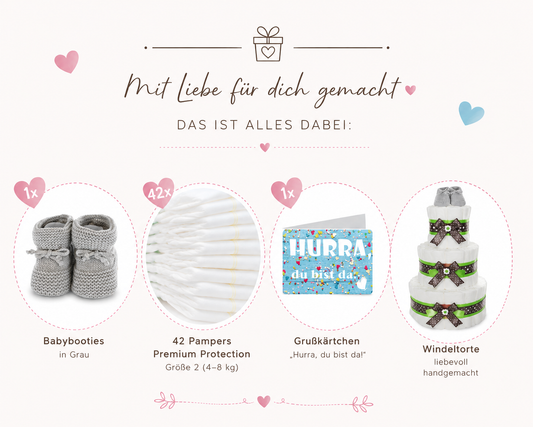 Diaper cake contents: grey baby booties, 42 size 2 Pampers, greeting card and three-tier cake