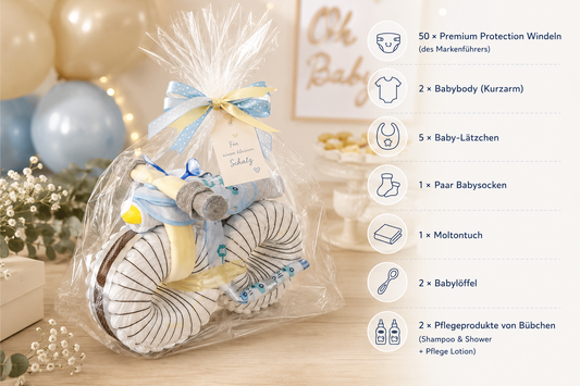 Wrapped diaper motorcycle with blue-yellow bow, “For a little treasure” gift tag and contents list