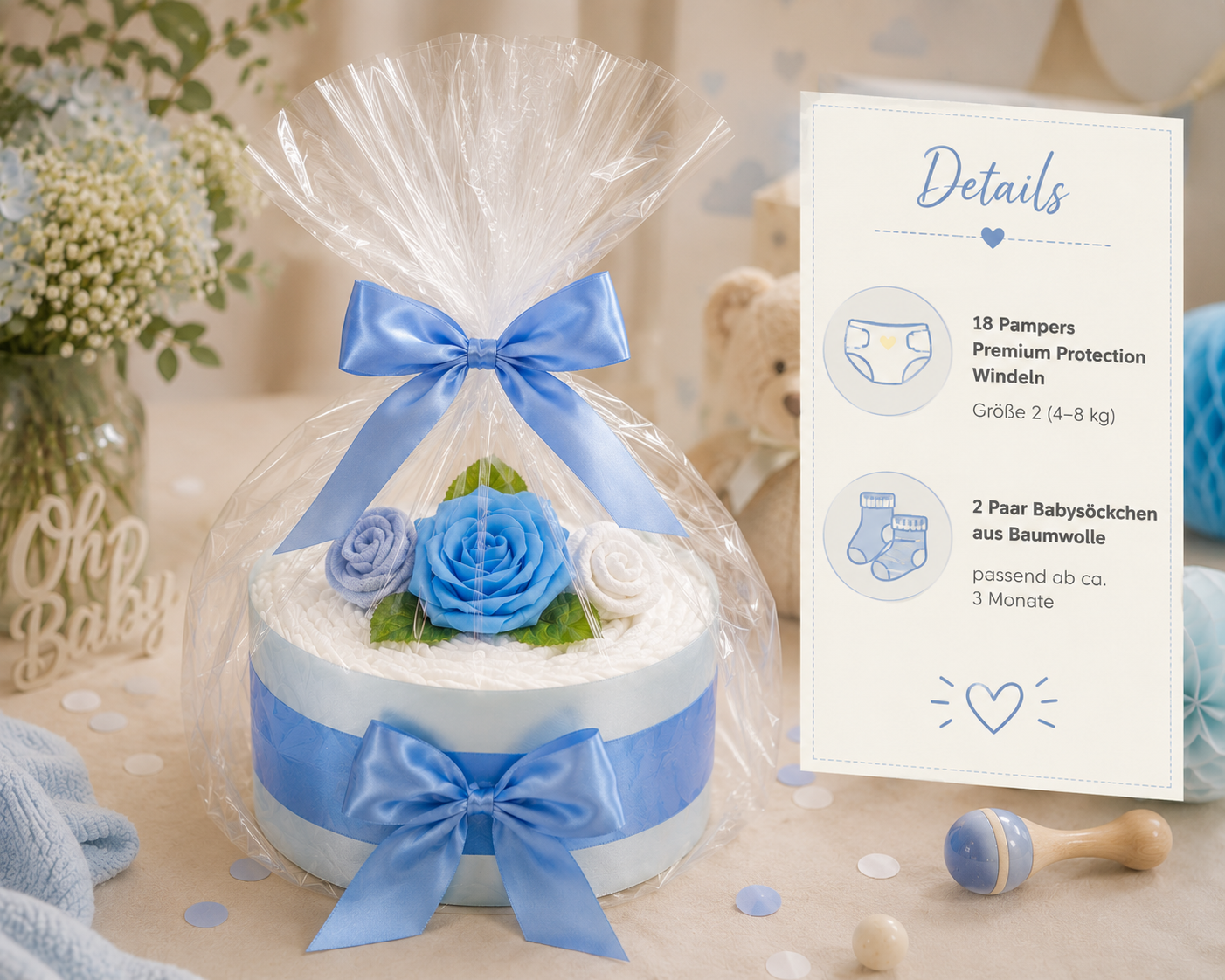 Detailansicht der blauen Windeltorte Rosenblüte mit zarten Rosen und bedruckten Babysöckchen