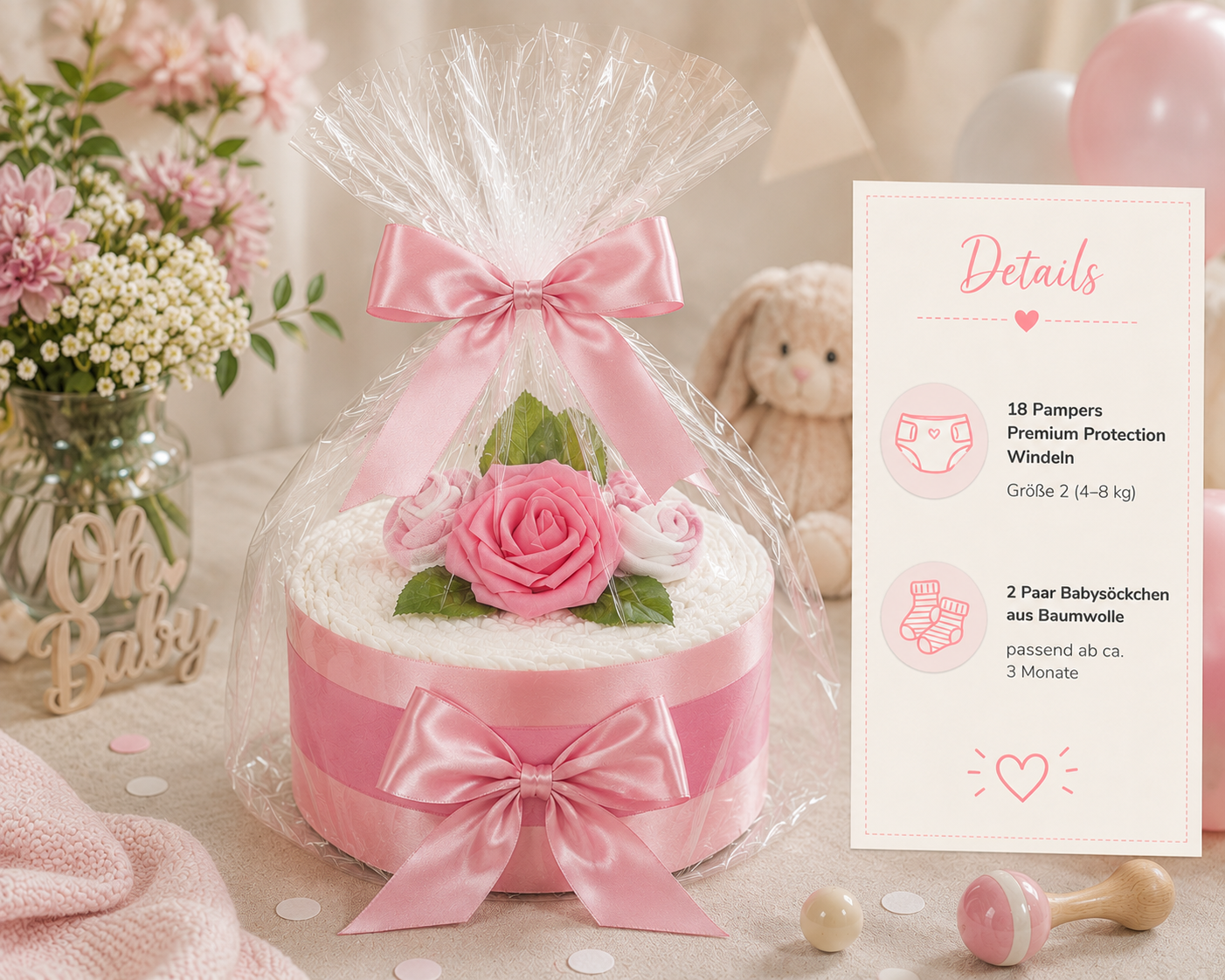 Detailansicht der rosa Windeltorte Rosenblüte mit zarten Rosen und bedruckten Babysöckchen
