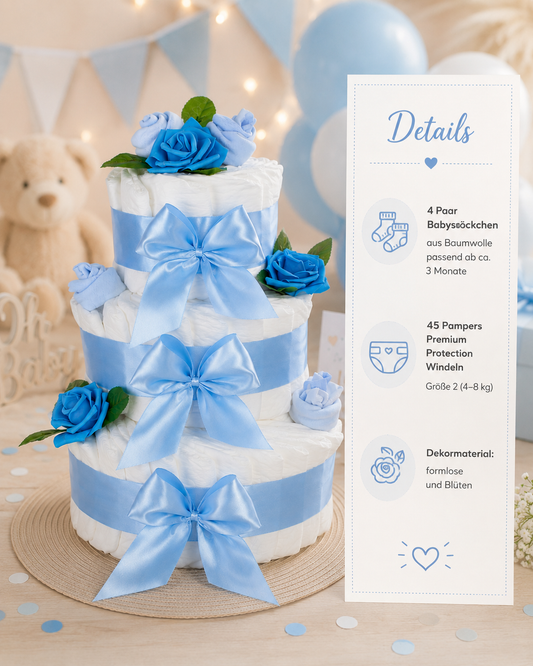 Große Windeltorte Rosenblüte | 3-stöckig blau