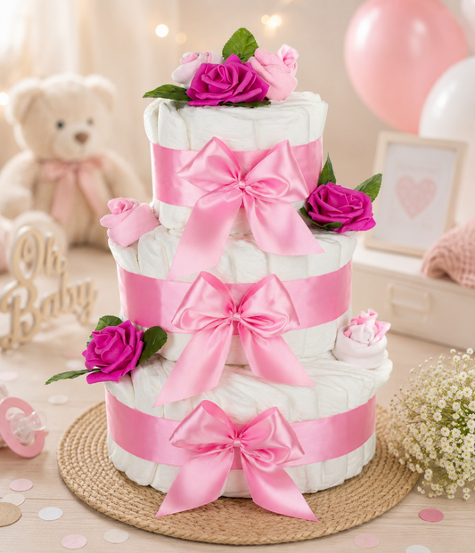 Große Windeltorte Rosenblüte 3-stöckig in Rosa mit Rosenköpfen als Geschenk zur Geburt eines Mädchens