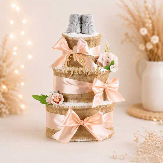 3-stöckige Windeltorte Alles Jute in Apricot mit Jute, Holz-Caketopper „Oh Baby“ und gestrickten Babybooties