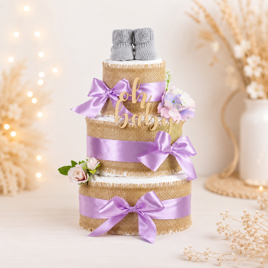 Dreistöckige Windeltorte Alles Jute in Flieder mit Jute-Deko, gestrickten Babybooties in Hellblau und Holzschriftzug oh baby