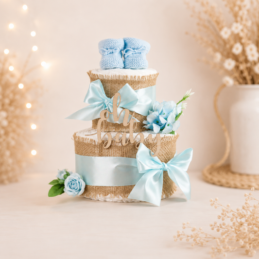 Zweistöckige Windeltorte Alles Jute in Blau mit gestrickten Babybooties und Holzschriftzug „oh baby“ – Geschenk zur Geburt