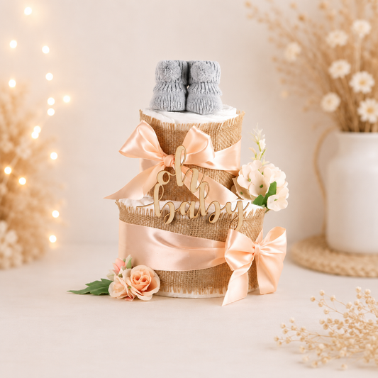 Zweistöckige Windeltorte Alles Jute in Apricot mit gestrickten Babybooties, oh-baby-Holzschriftzug und Jute-Dekoration