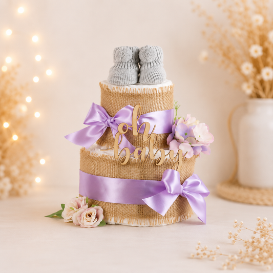 Zweistöckige Windeltorte Alles Jute in Plum mit Jute-Deko, Seidenblumen, oh-baby-Schriftzug und gestrickten Babybooties.