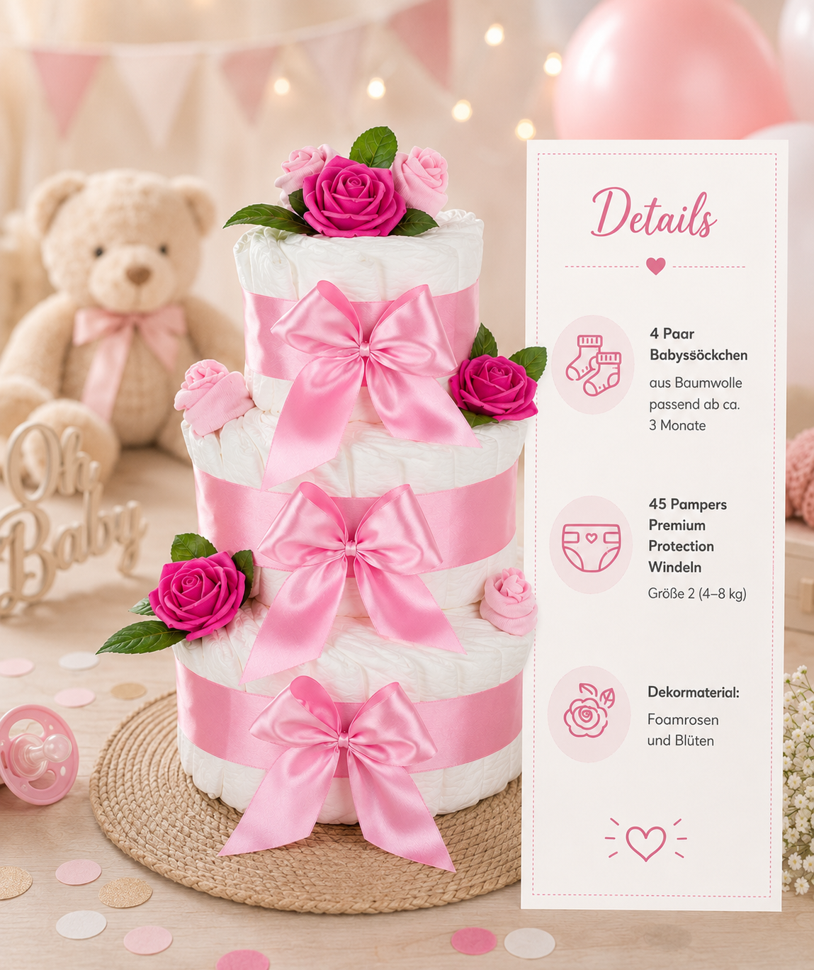 Rosa Windeltorte Rosenblüte mit Rosendeko und Babysöckchen, handgemachtes Babygeschenk