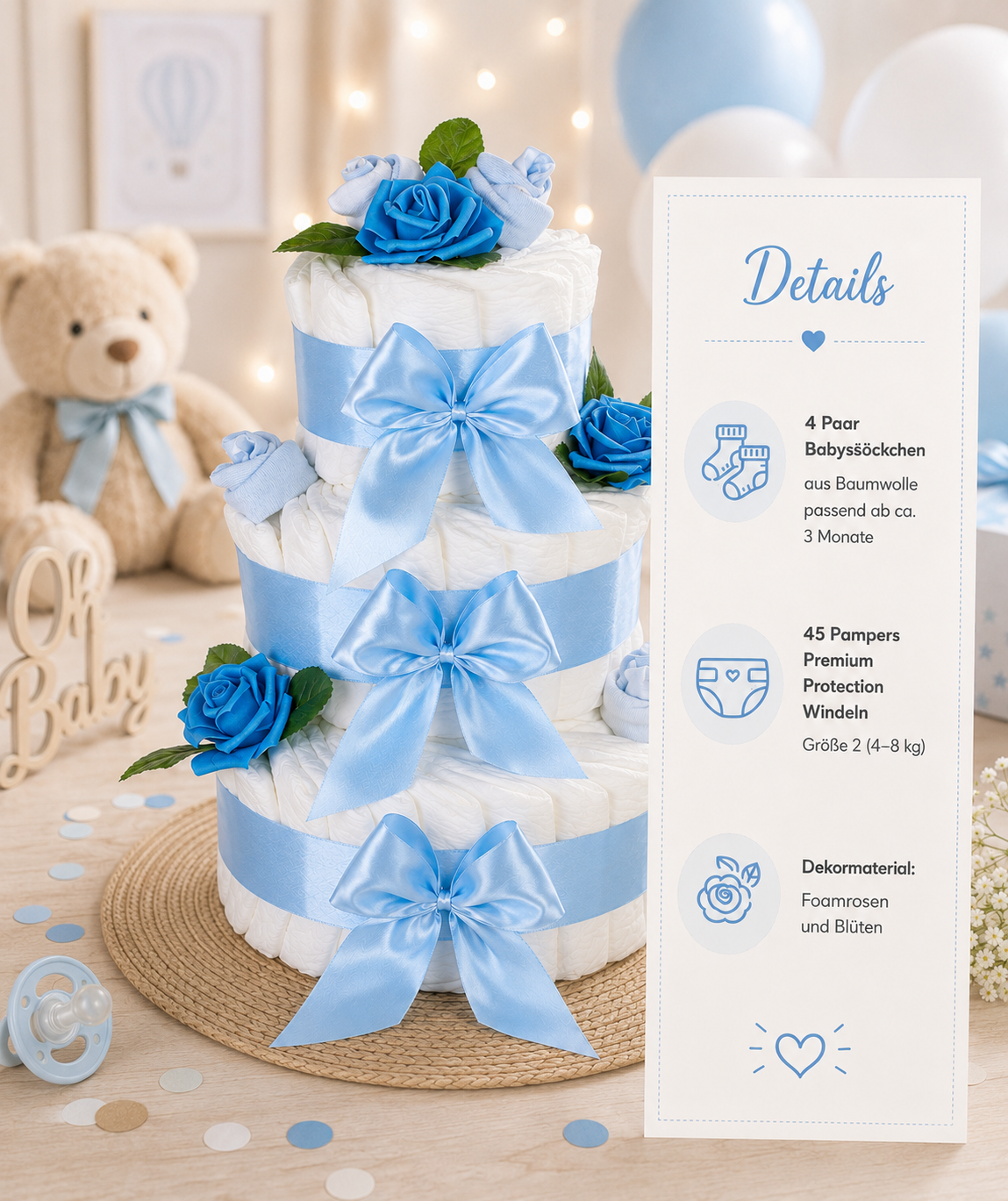 Nahaufnahme der handgesetzten Rosenköpfe und -blätter auf der blauen Windeltorte