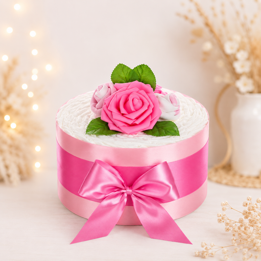 Handgefertigte Windeltorte Rosenblüte in Rosa mit Rosenköpfen und Dekoblättern – Geschenk zur Geburt eines Mädchens