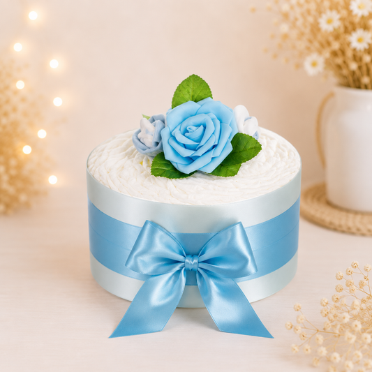 Windeltorte Rosenblüte in Blau, von Hand gefertigt mit Rosenköpfen und Dekoblättern – Geschenk zur Geburt für einen Jungen