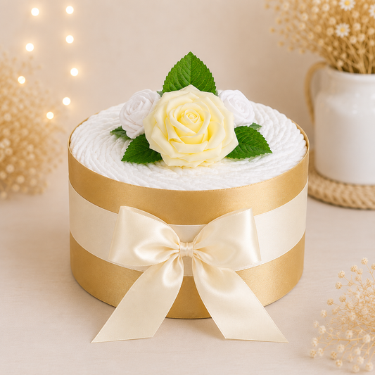 Neutrale Windeltorte Rosenblüte in gold/creme mit goldenen Rosenköpfen und Babysöckchen als Geschenk zur Geburt