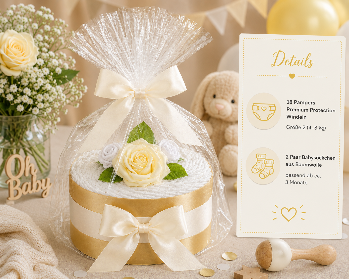 Detailaufnahme der goldenen Rosenblüten und Dekoblätter der neutralen Windeltorte in creme