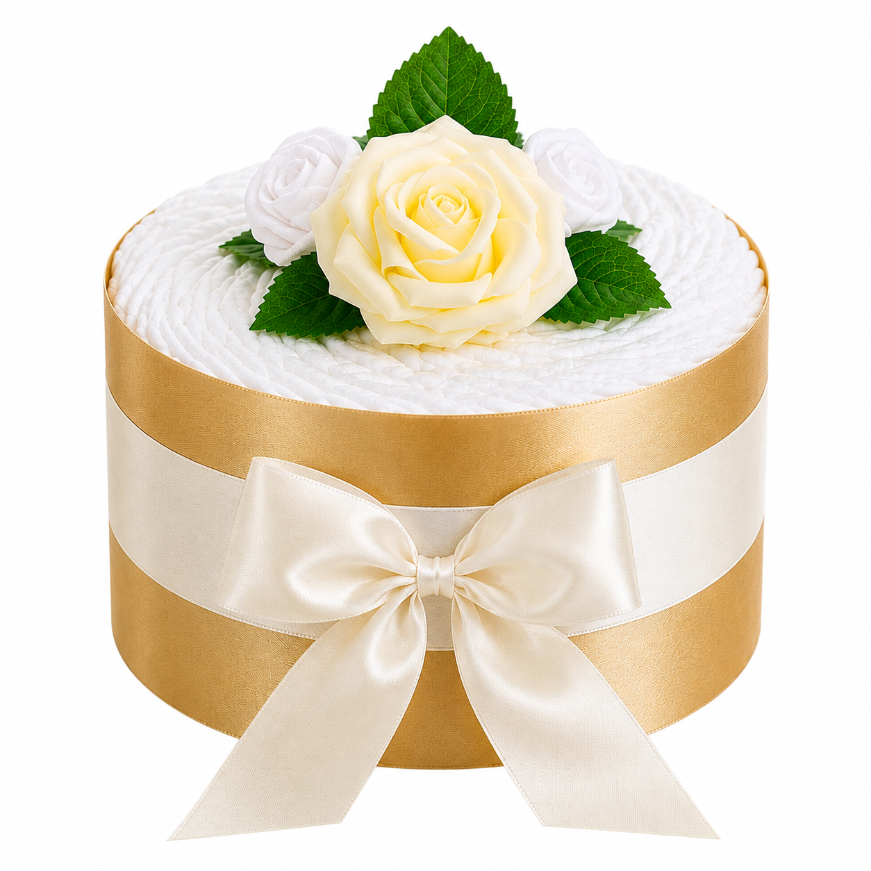 Gold and cream diaper cake on white with three roses, green leaves and a cream satin bow