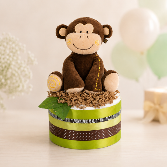 2-stöckige Windeltorte SAFARI in sanften Grüntönen mit kuscheliger Affen-Spieluhr – Geschenk zur Geburt