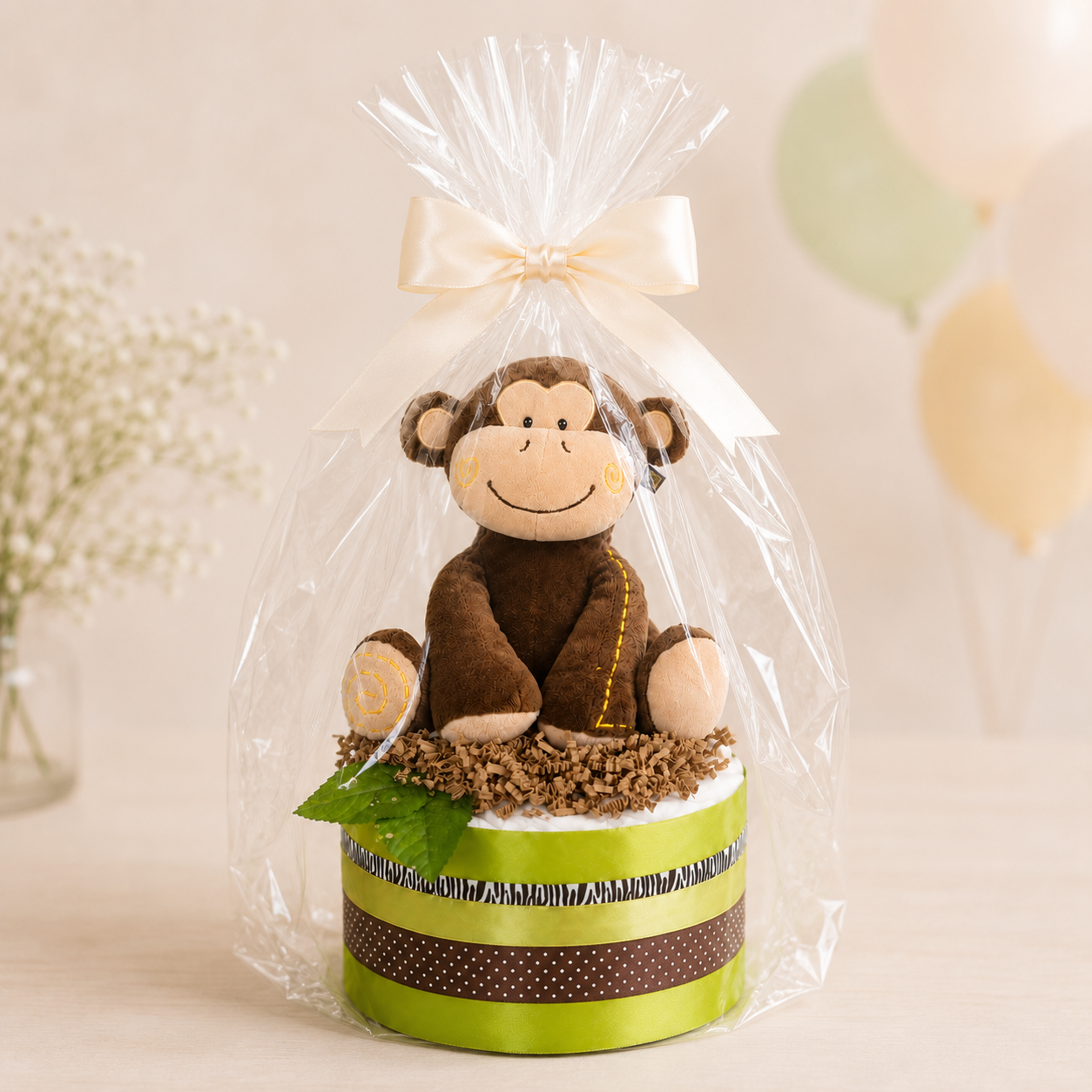 Safari-Windeltorte mit Affen-Spieluhr, transparent verpackt und mit cremefarbener Schleife verziert