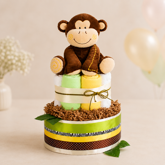 Große Windeltorte im Safari-Design mit kuscheliger Affen-Spieluhr und zwei Mulltüchern – Geschenk zur Geburt
