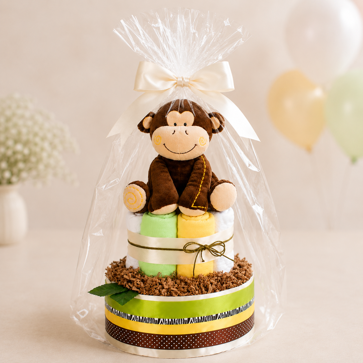 Geschenkfertig verpackte Safari-Windeltorte mit Affen-Spieluhr in Folie und großer cremefarbener Schleife
