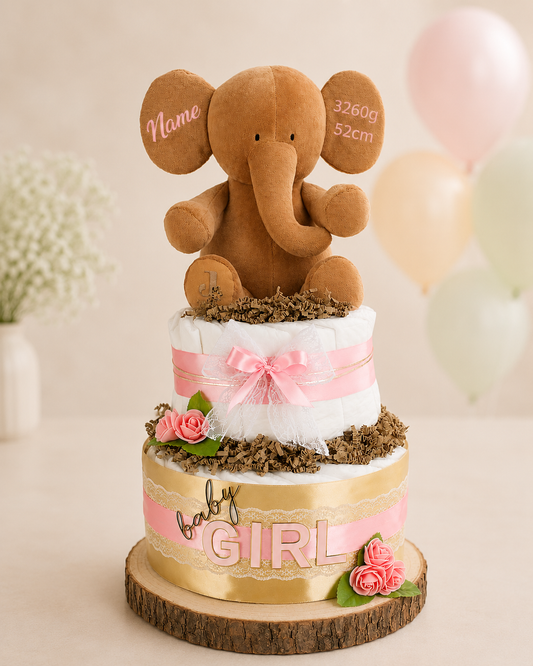 Große zweistöckige Windeltorte in Rosa mit Kuschelelefant und Namen – Geschenk zur Geburt für ein Mädchen