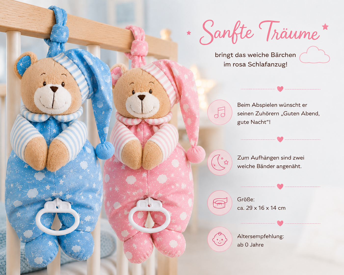 Two pink-and-blue musical bears on a cot; infographic lists the melody and size as 29 × 16 × 14 cm