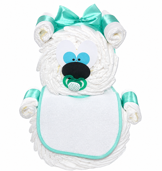Bear made from white diapers with turquoise bow, pacifier and plain white bib