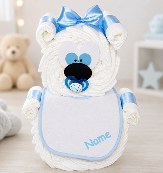 Windeltorte Windelbär in Blau mit personalisiertem Lätzchen, Name aufgedruckt