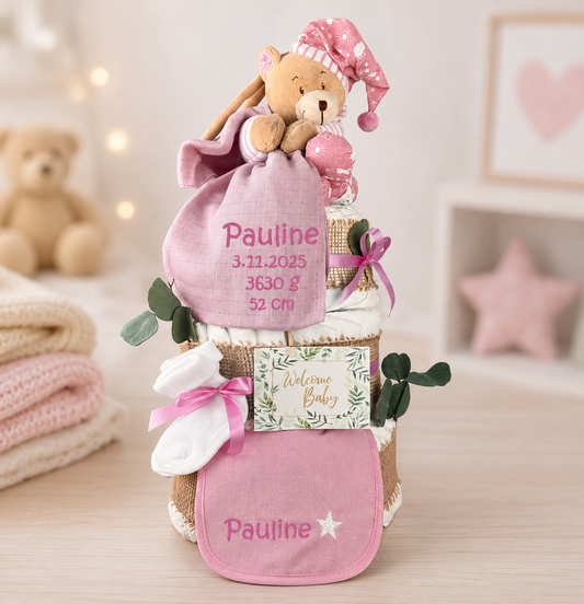 4-stöckige rosa Windeltorte mit Teddybär-Spieluhr, Musselintuch und Lätzchen – Geschenk zur Geburt eines Mädchens