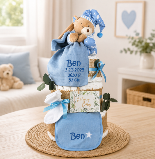 Blaue 4-stöckige Windeltorte für Jungen mit Teddybär-Spieluhr, personalisierbar mit Namen