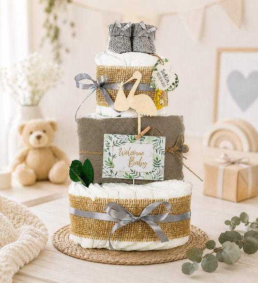 Neutrale Windeltorte mit buntem Storch und Bündel in Grau, dreistöckig, mit gestrickten Babybooties und Musselintuch