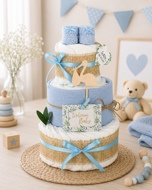 Windeltorte Storch in Blau mit gestrickten Babybooties, Mulltuch und Holzstorch als Geschenk zur Geburt eines Jungen