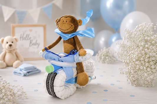Windelmotorrad Rockstar in Blau mit Schlenkeraffe als Windeltorte-Geschenk zur Geburt eines Jungen