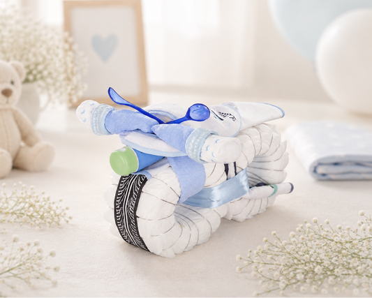 Windelmotorrad ROCKSTAR in Blau als Windeltorte zur Geburt für einen Jungen mit Babyartikeln