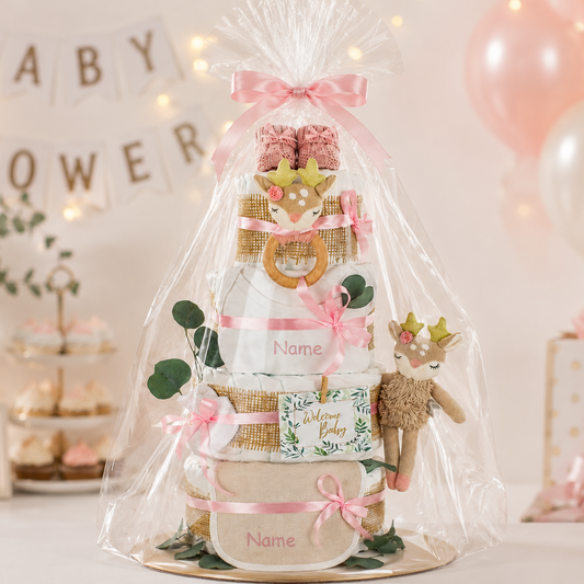 Windeltorte Reh Ella in zartem Rosa, handgefertigtes Geschenk zur Geburt für ein kleines Mädchen