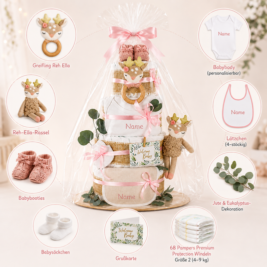 Ella deer diaper cake contents: 68 Pampers, bodysuit, bibs, teether, cuddly toy, socks and card