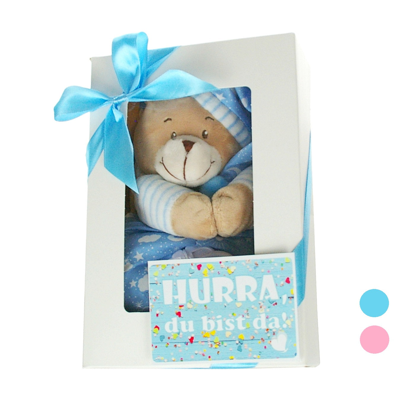 Baby Musikspieluhr in blau rosa | Geschenkbox Spieluhr Bär + Grußkarte