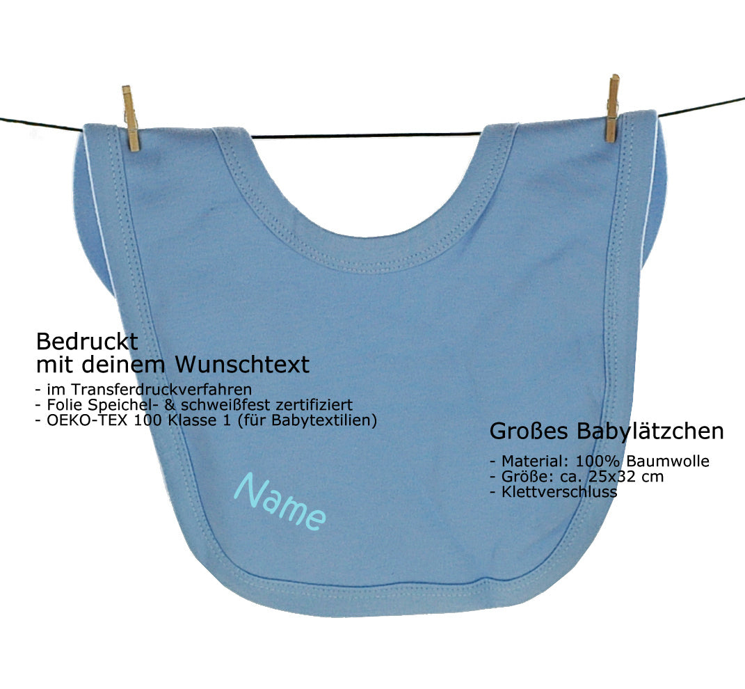 Großes Baby Lätzchen, 100% Baumwolle, blau | Personalisiert | mit Wunschtext bedruckt