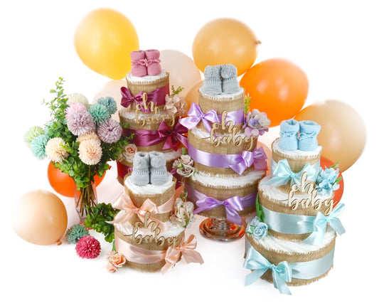 Große Windeltorte Alles Jute zur Geburt lilac