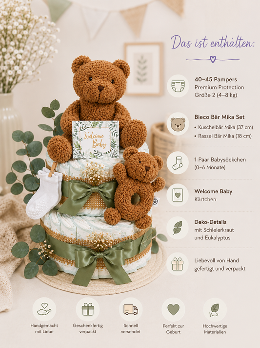 Windeltorte Teddybär Mika mit Kuschelbär im Cognac-Ton, Boho-Deko mit Eukalyptus und Schleierkraut